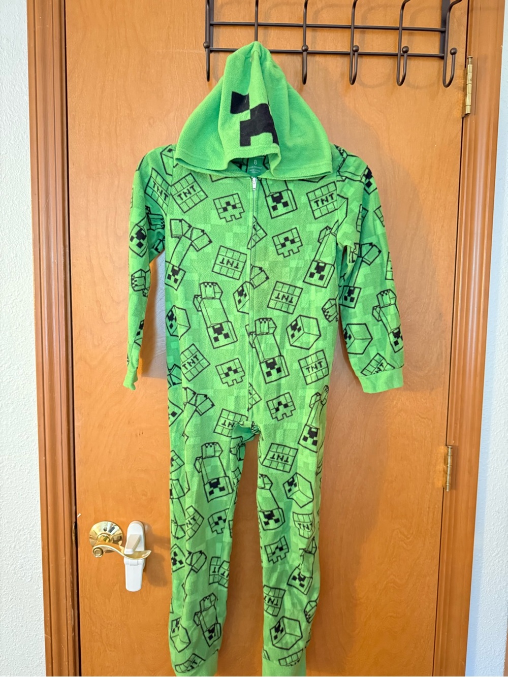 Green Kids One-Piece Hooded Pajamas with Creeper Print